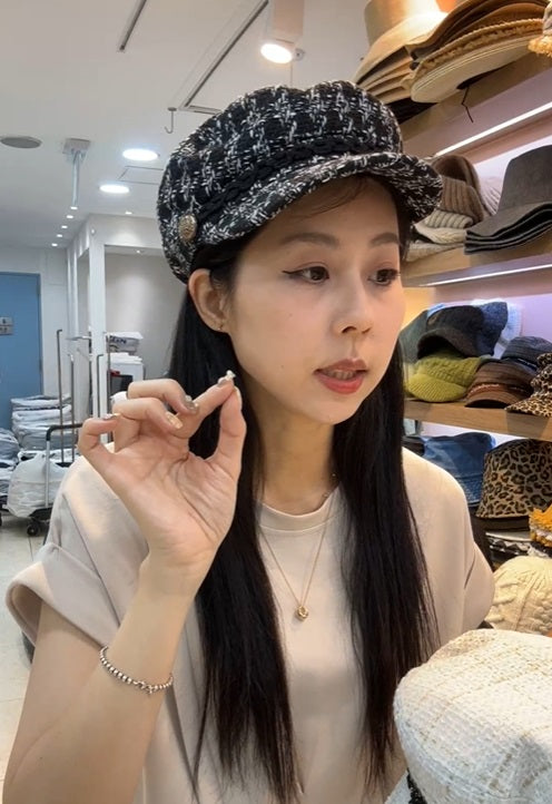 9B301 千鳥格金扣小香毛呢報童帽