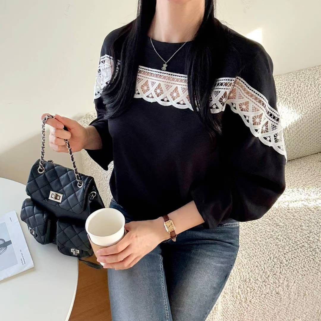 10B107 中拼布蕾絲舒服綿上衣
