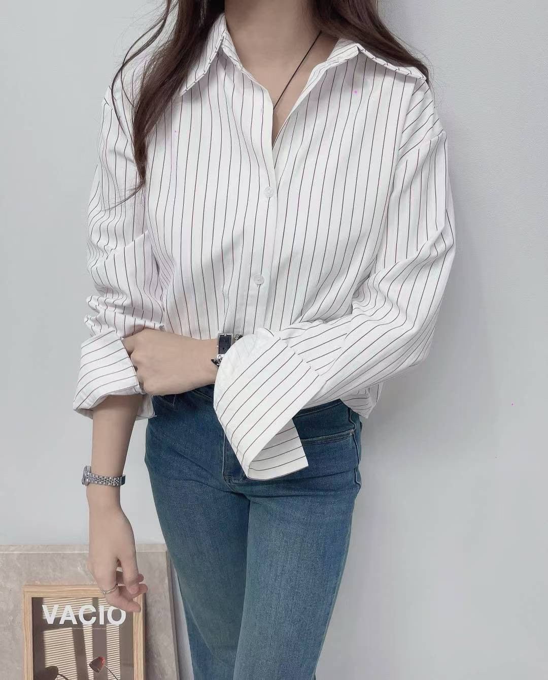 10D107 短版直紋襯衫+針織披肩