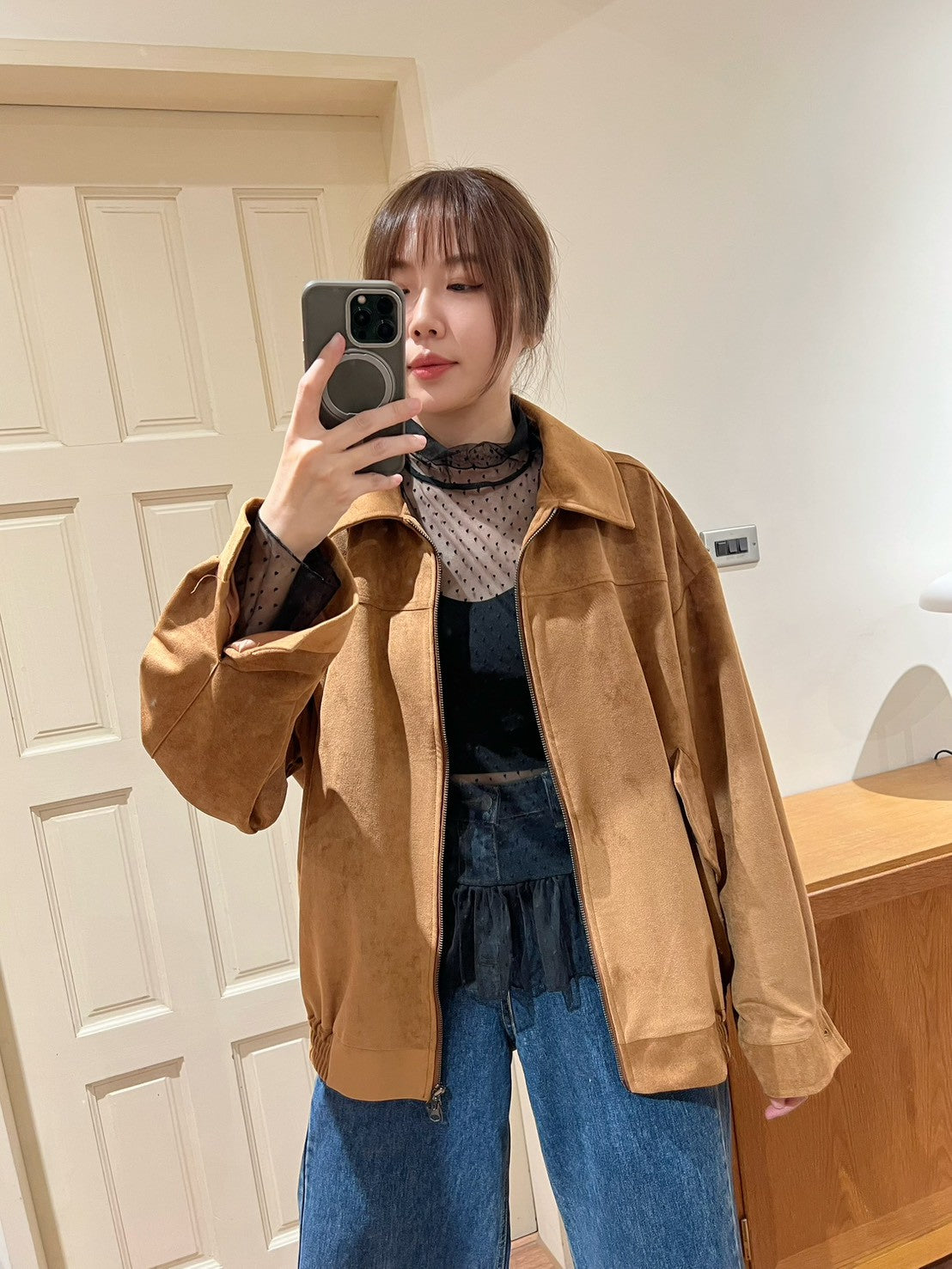 ST4527 點點網紗立領荷葉上衣