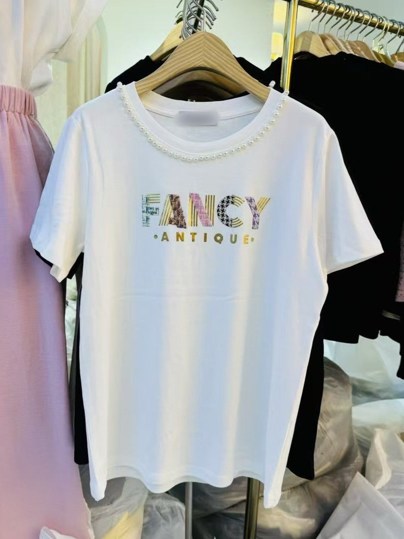 4B102 FANCY珍珠領短T