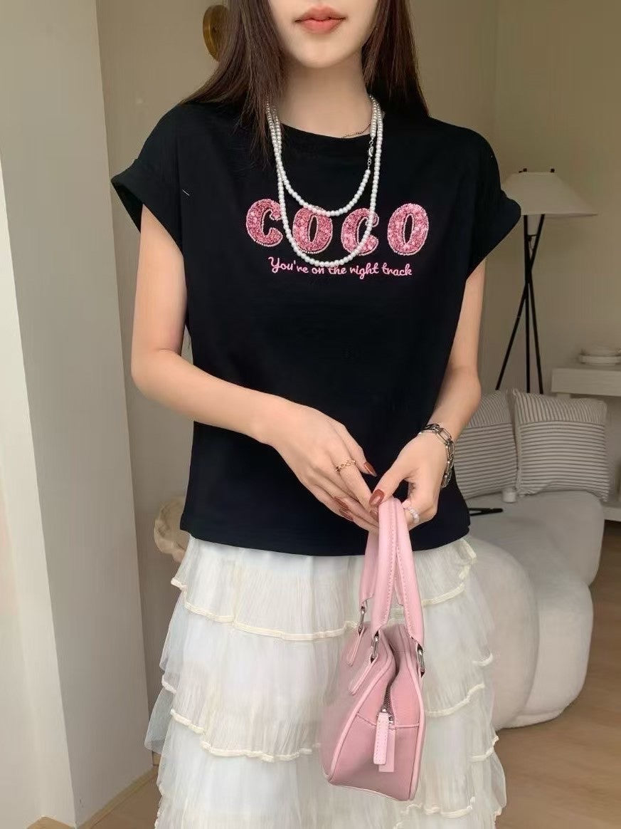 4B103 COCO亮片反摺袖短T