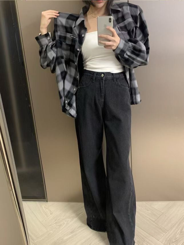 JL758 側壓線剪裁單寧寬褲