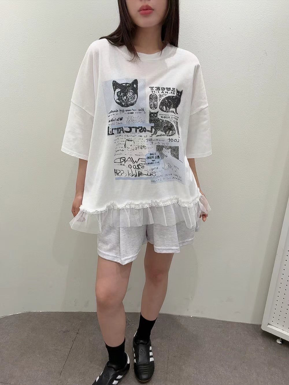 7A106 貓咪下擺荷葉紗T