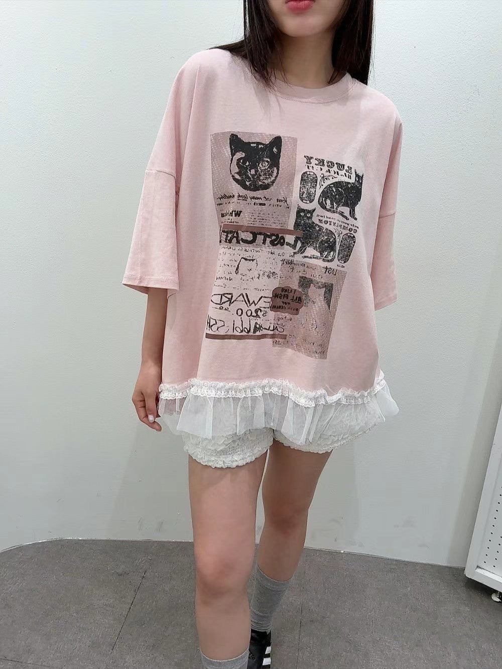 7A106 貓咪下擺荷葉紗T