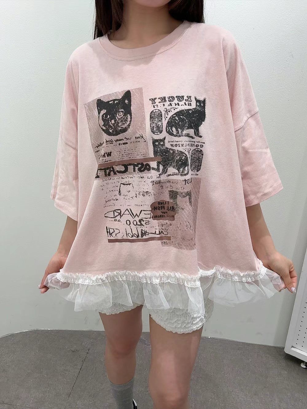 7A106 貓咪下擺荷葉紗T