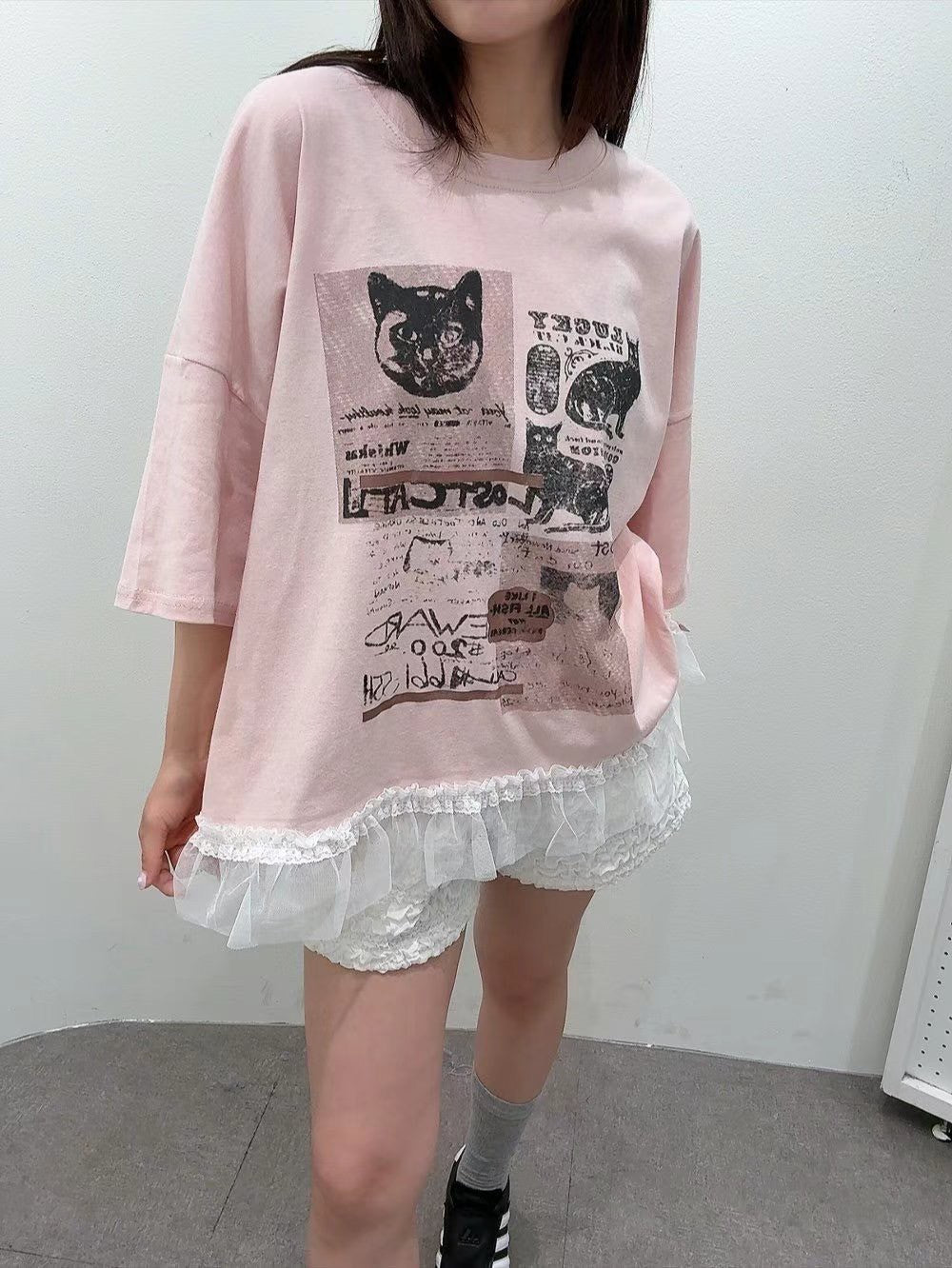 7A106 貓咪下擺荷葉紗T