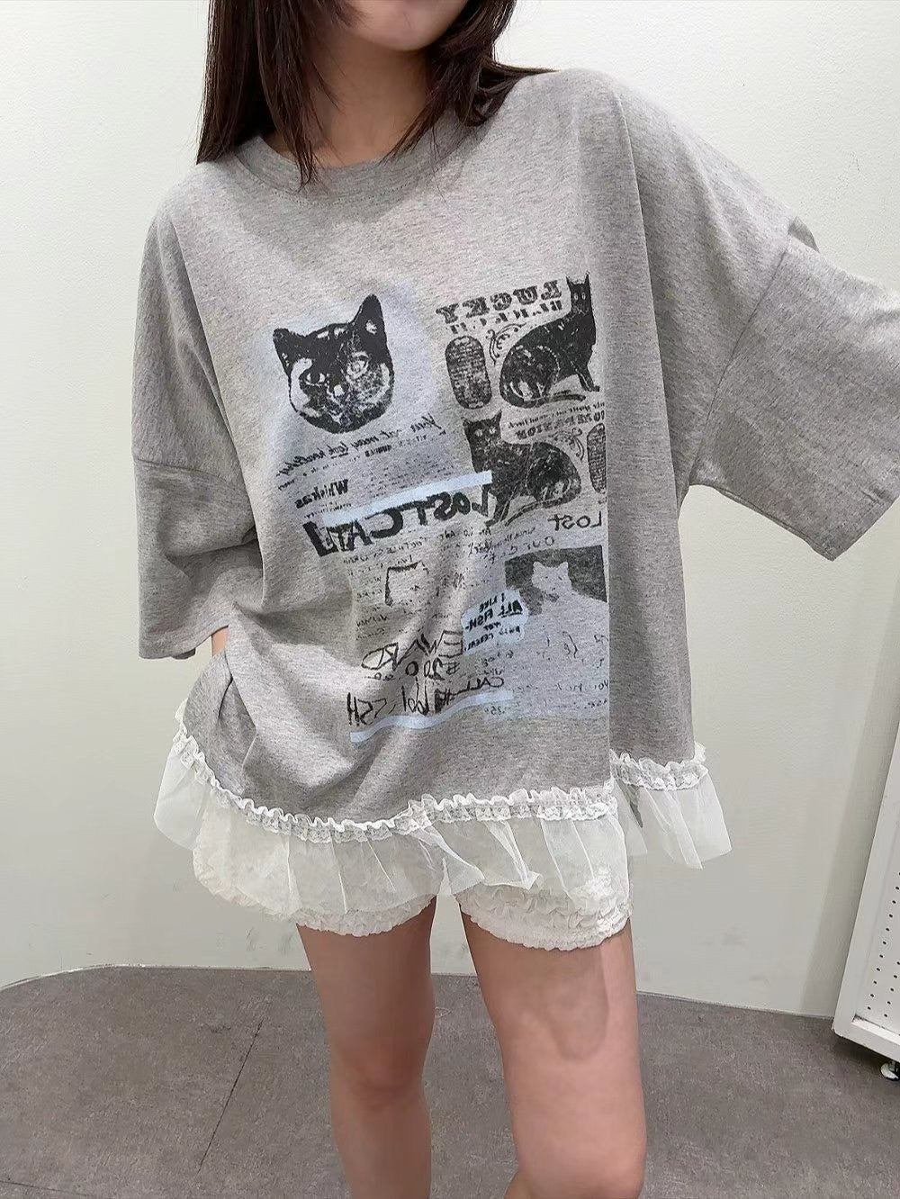 7A106 貓咪下擺荷葉紗T