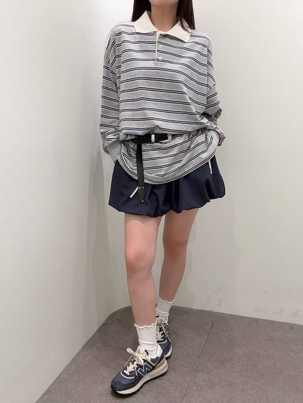 9B208 白領橫條寬鬆POLO衫