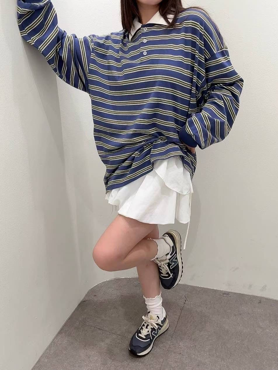 9B208 白領橫條寬鬆POLO衫