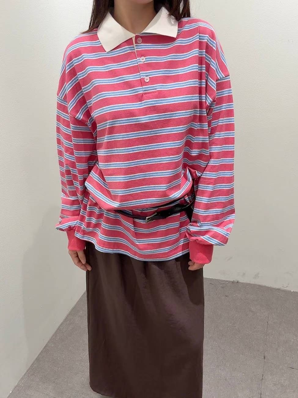 9B208 白領橫條寬鬆POLO衫