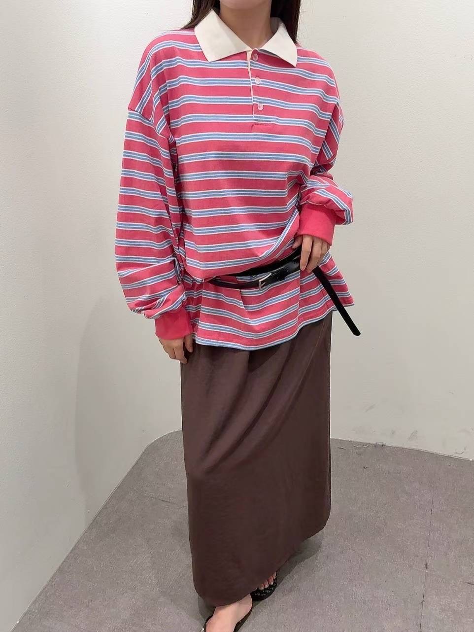 9B208 白領橫條寬鬆POLO衫