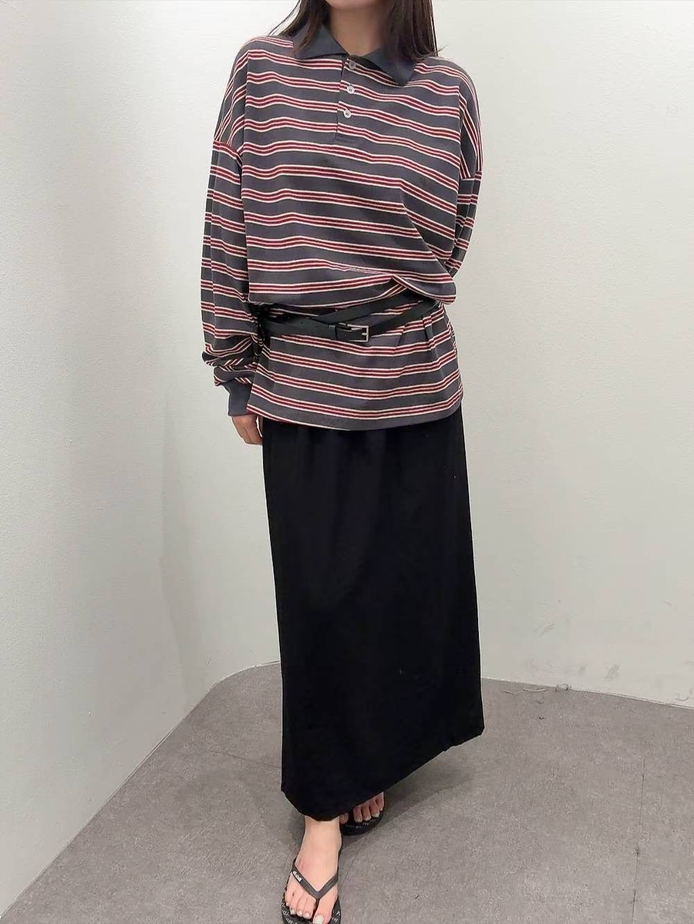 9B208 白領橫條寬鬆POLO衫