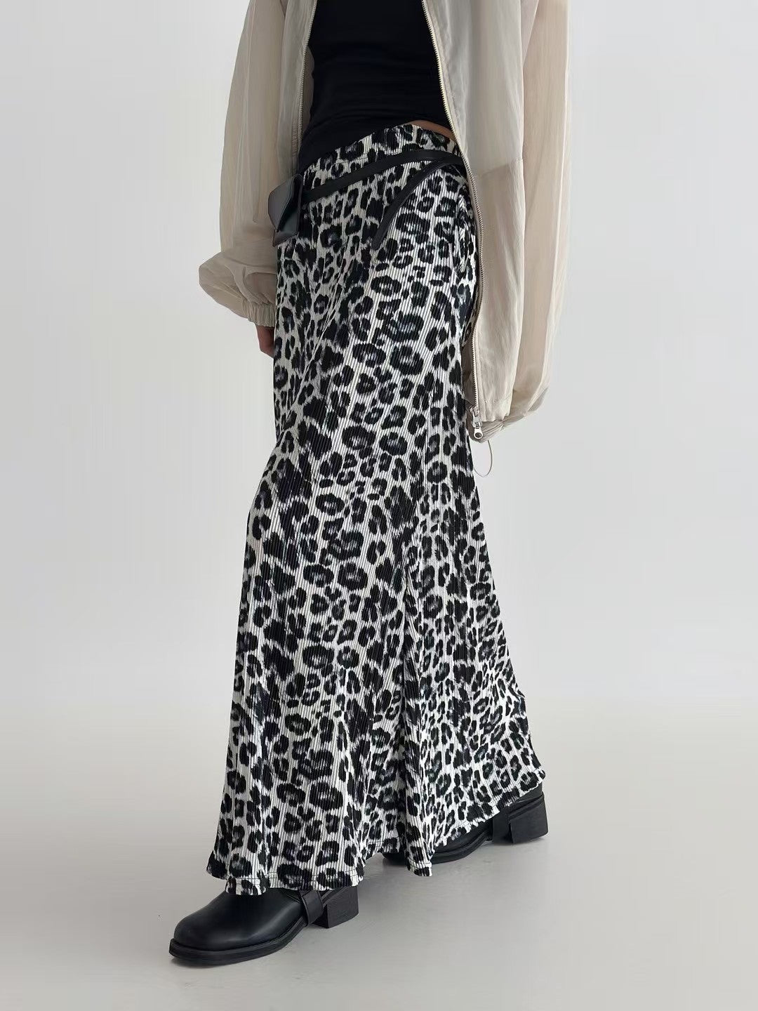 KL1041 鬆緊腰細褶豹紋長裙