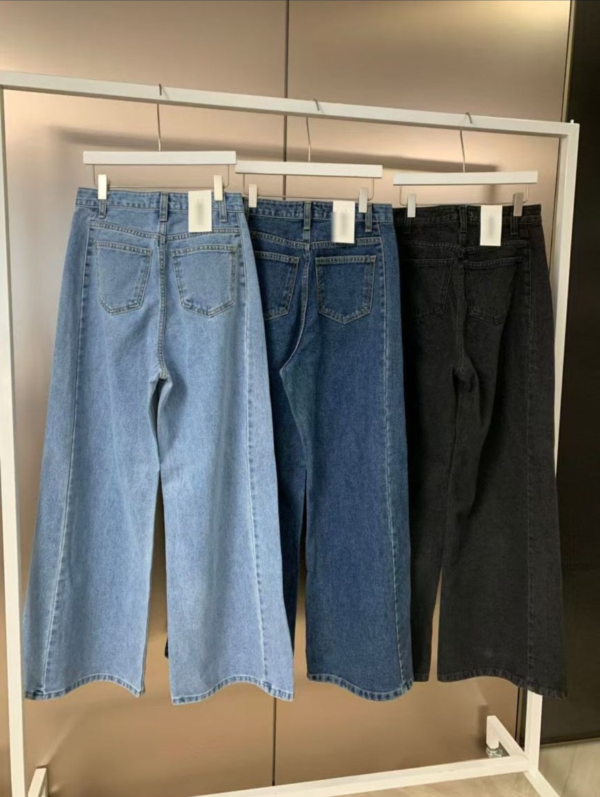 JL758 側壓線剪裁單寧寬褲