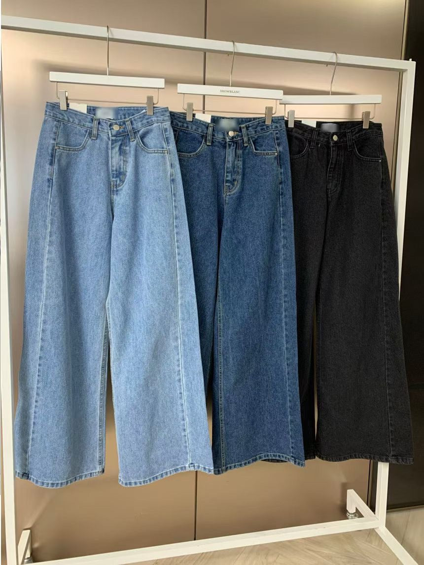 JL758 側壓線剪裁單寧寬褲