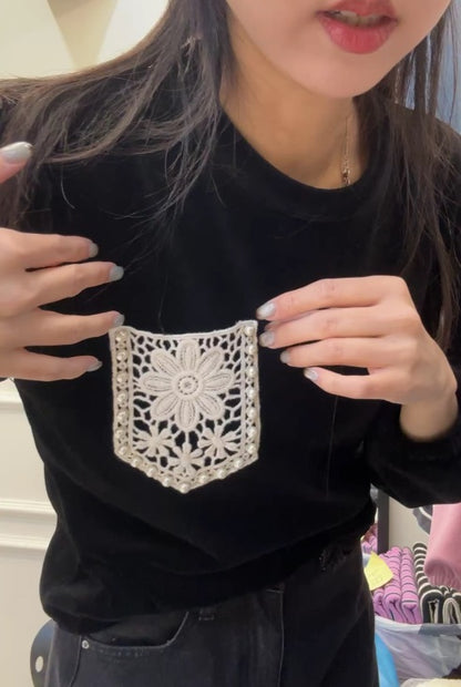 10B209 絨面蕾絲口袋長袖上衣