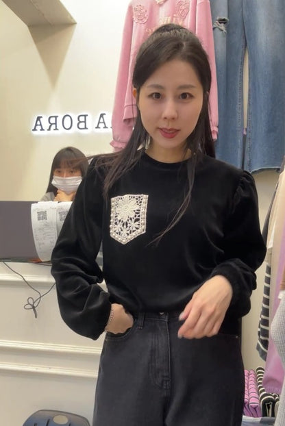 10B209 絨面蕾絲口袋長袖上衣