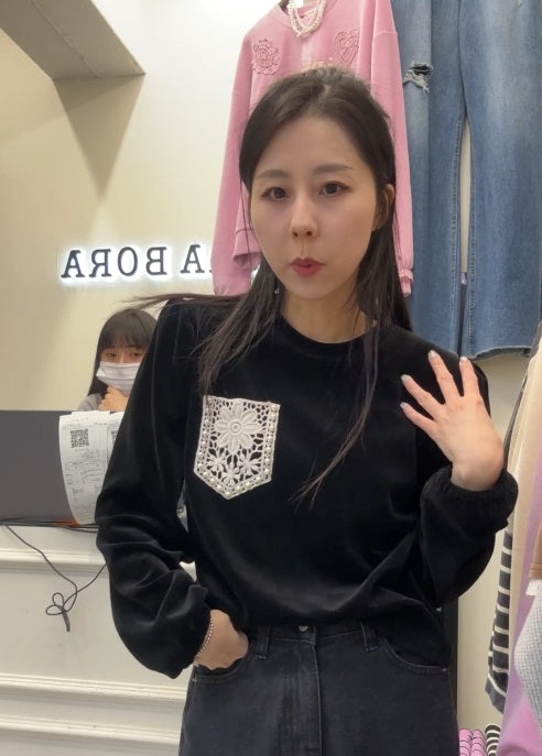 10B209 絨面蕾絲口袋長袖上衣