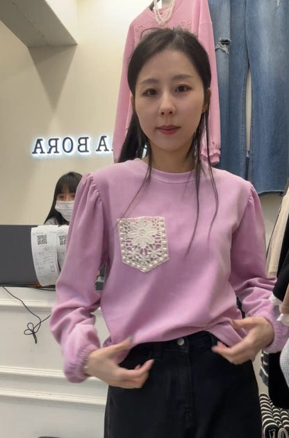 10B209 絨面蕾絲口袋長袖上衣