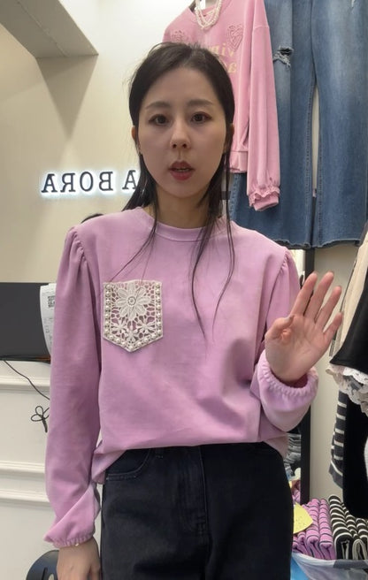 10B209 絨面蕾絲口袋長袖上衣