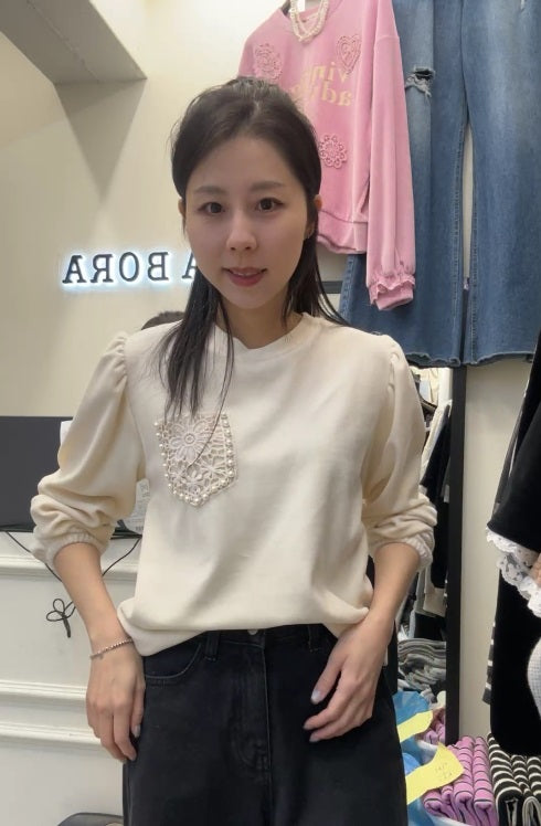 10B209 絨面蕾絲口袋長袖上衣