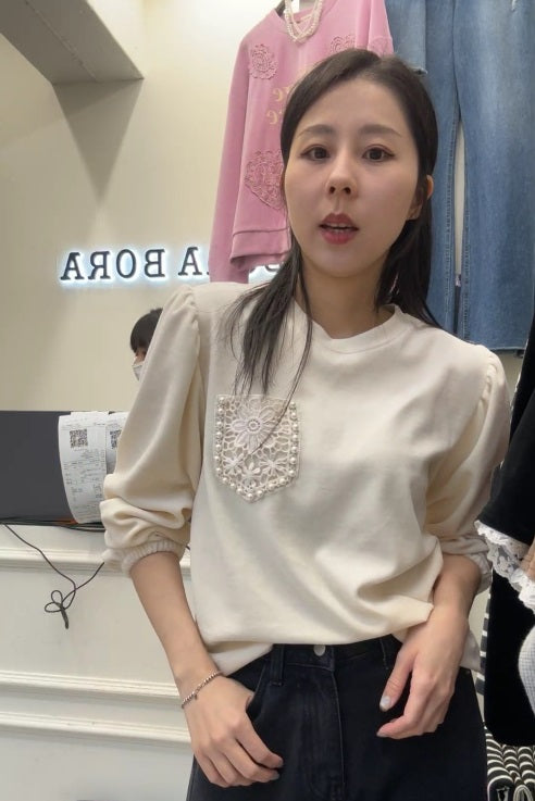 10B209 絨面蕾絲口袋長袖上衣