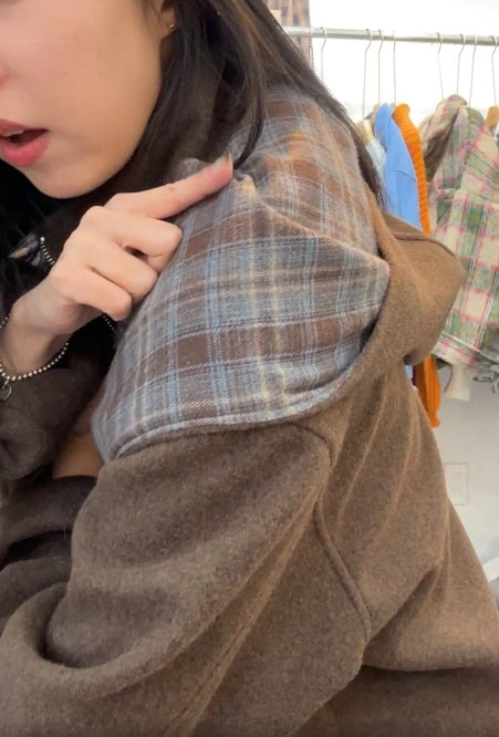 10A206 格紋披巾連帽毛呢外套