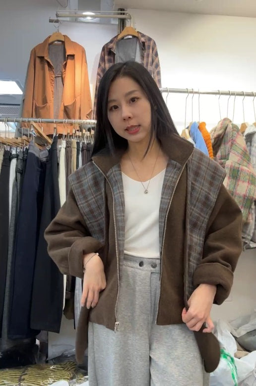 10A206 格紋披巾連帽毛呢外套