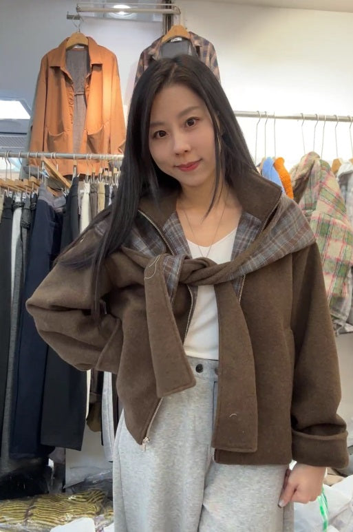 10A206 格紋披巾連帽毛呢外套