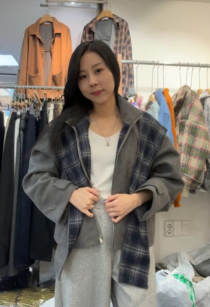10A206 格紋披巾連帽毛呢外套
