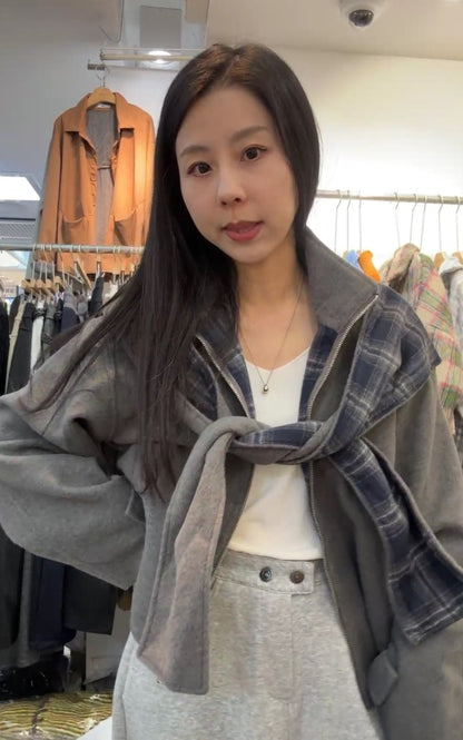 10A206 格紋披巾連帽毛呢外套