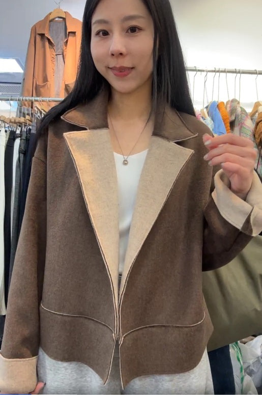 10A207 雙色毛呢翻領外套