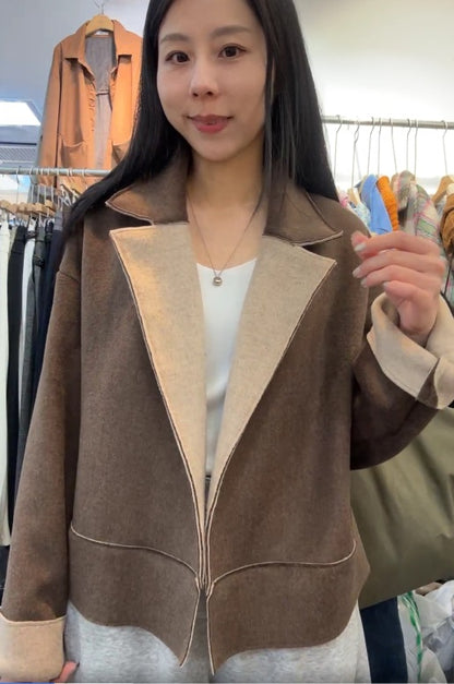 10A207 雙色毛呢翻領外套