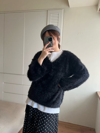 SW660 毛鬚感v領毛衣