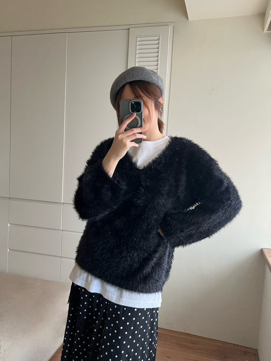 SW660 毛鬚感v領毛衣