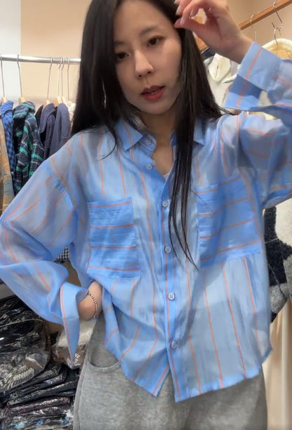 10A211 透膚感細條紋短版襯衫