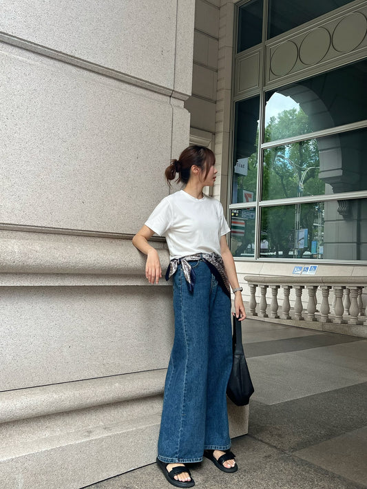 JL758  側壓線剪裁單寧寬褲