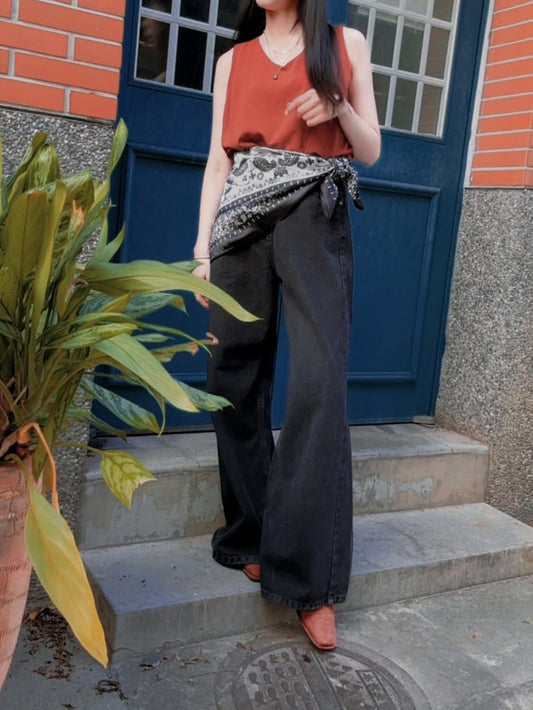 JL758  側壓線剪裁單寧寬褲