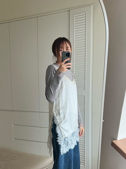 ST4528 細帶拚蕾絲緞面背心