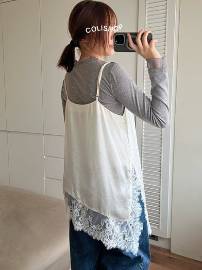 ST4528 細帶拚蕾絲緞面背心