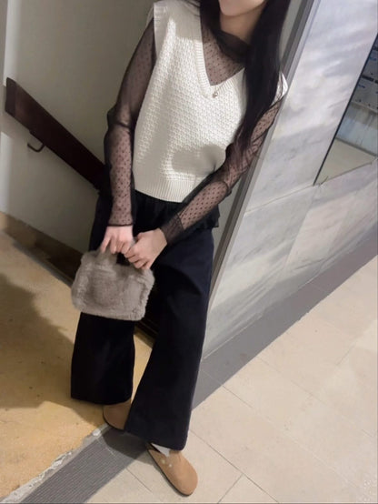 ST4527 點點網紗立領荷葉上衣