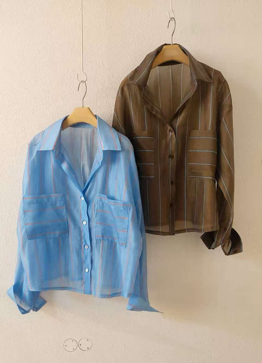 10A211 透膚感細條紋短版襯衫