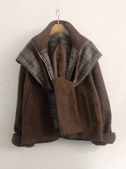 10A206 格紋披巾連帽毛呢外套