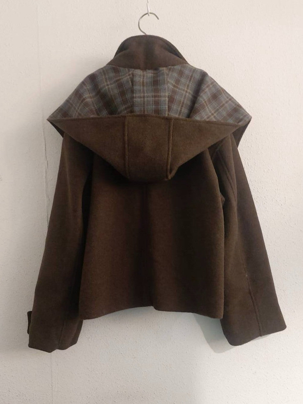 10A206 格紋披巾連帽毛呢外套
