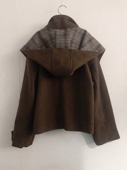 10A206 格紋披巾連帽毛呢外套