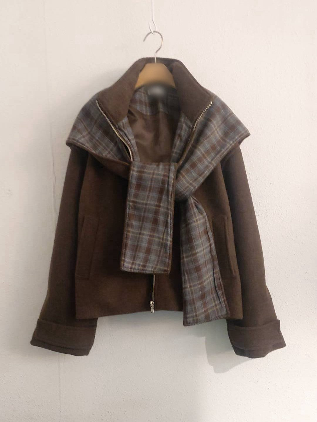 10A206 格紋披巾連帽毛呢外套