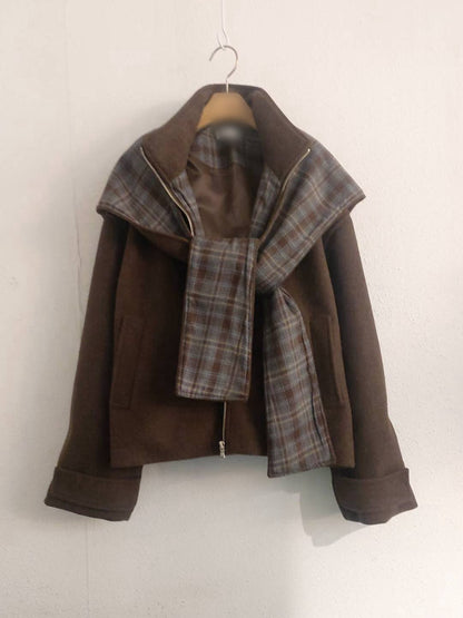 10A206 格紋披巾連帽毛呢外套