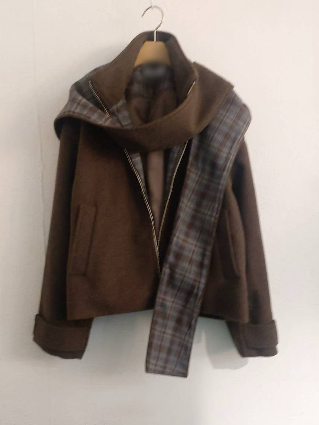 10A206 格紋披巾連帽毛呢外套