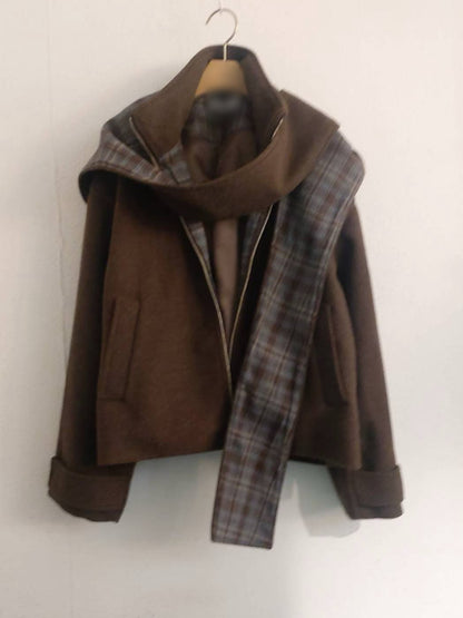 10A206 格紋披巾連帽毛呢外套